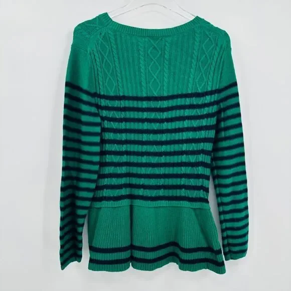 Talbots Size Large Navy Blue & Green Striped Peplum Cable Knit Sweater Top - Picture 4 of 6